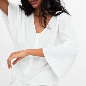 ZARA Gauzy Romantic White Batwing Dolman Sleeve Cropped Button Blouse Top